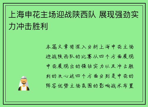 上海申花主场迎战陕西队 展现强劲实力冲击胜利